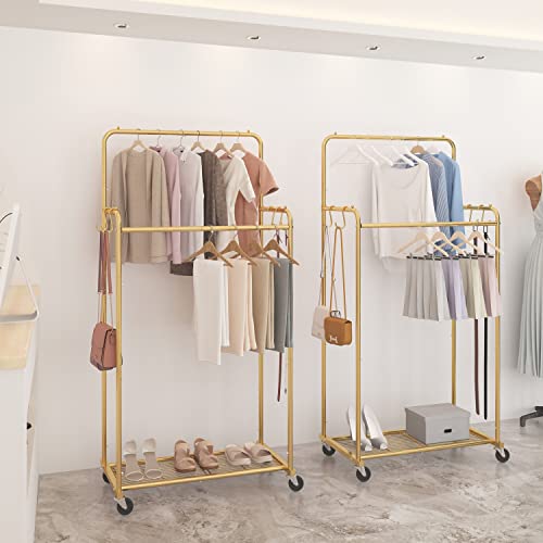 Simple Trending Double Rod Clothes Garment Rack, Heavy Duty Clothing Rolling Rack on Wheels for Hanging Clothes,with 4 Hooks, Gold