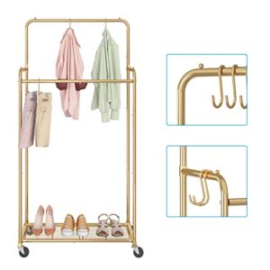 Simple Trending Double Rod Clothes Garment Rack, Heavy Duty Clothing Rolling Rack on Wheels for Hanging Clothes,with 4 Hooks, Gold