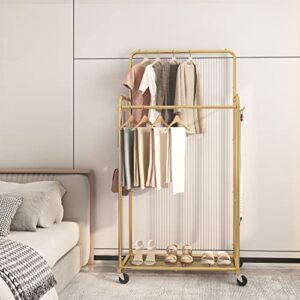 Simple Trending Double Rod Clothes Garment Rack, Heavy Duty Clothing Rolling Rack on Wheels for Hanging Clothes,with 4 Hooks, Gold