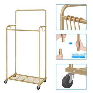 Simple Trending Double Rod Clothes Garment Rack, Heavy Duty Clothing Rolling Rack on Wheels for Hanging Clothes,with 4 Hooks, Gold