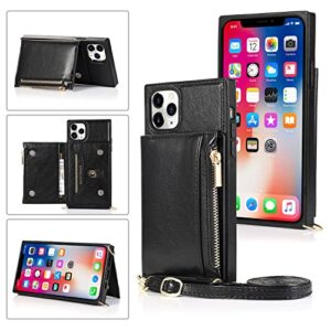 xintin iphone 13 pro max crossbody case with card holder, shockproof protective iphone case with magnetic flip folio wallet, pu leather zipper coin purse with adjustable lanyard strap (black)