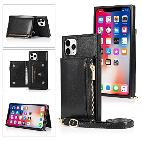 XINTIN iPhone 13 Pro Max Crossbody Case with Card Holder, Shockproof Protective iPhone case with Magnetic Flip Folio Wallet, PU Leather Zipper Coin Purse with Adjustable Lanyard Strap (Black)