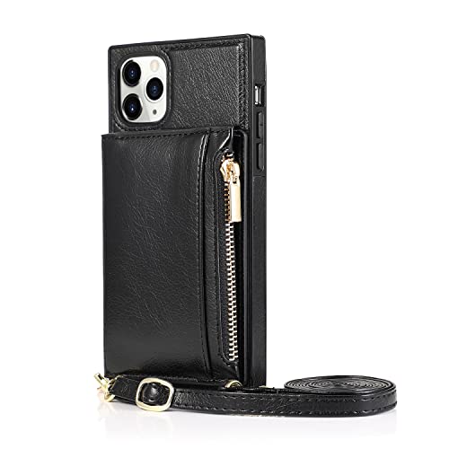 XINTIN iPhone 13 Pro Max Crossbody Case with Card Holder, Shockproof Protective iPhone case with Magnetic Flip Folio Wallet, PU Leather Zipper Coin Purse with Adjustable Lanyard Strap (Black)