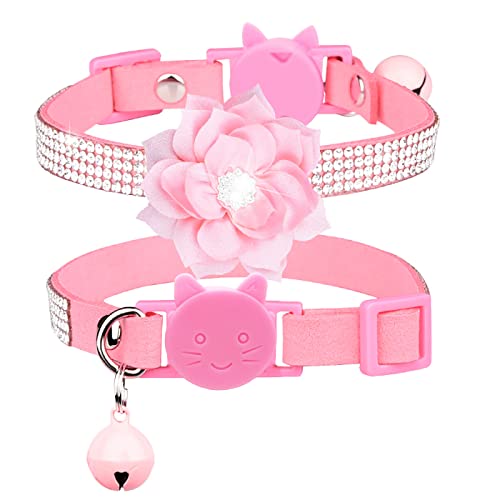 IDOLPET Cat Collar Bling Diamond Breakaway Cat Collar with Bell Rhinestones Pet Collars with Soft Velvet Adjustable Shine Collar for Cats Girls and Small Dogs Puppy (Pink)