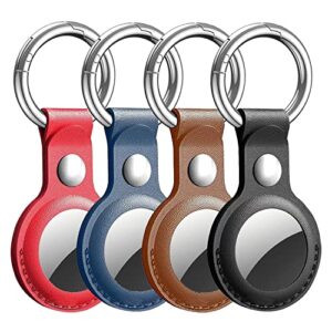 [4 pack] protective air tag case for airtag holder, pu leather airtag keychain, anti-lost air tag key ring for airtag, compatible with apple airtag accessories, black/navy/brown/red