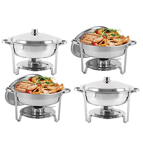 Restlrious 4 Packs Round Chafing Dishes Stainless Steel Chafers and Buffet Warmers Sets 5QT Large Capacity w/Water Pan, Food Pan, Fuel Holder and Lid for Catering Event Parties