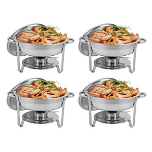 Restlrious 4 Packs Round Chafing Dishes Stainless Steel Chafers and Buffet Warmers Sets 5QT Large Capacity w/Water Pan, Food Pan, Fuel Holder and Lid for Catering Event Parties