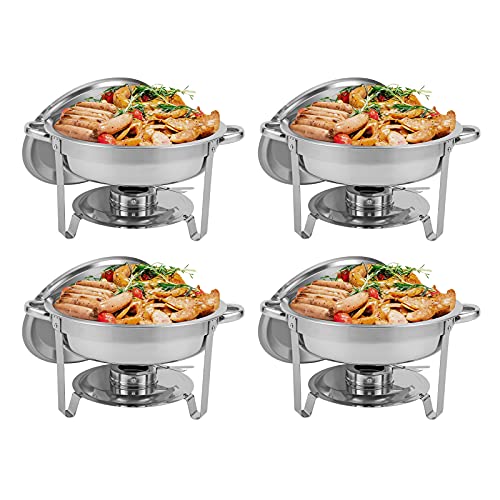 Restlrious 4 Packs Round Chafing Dishes Stainless Steel Chafers and Buffet Warmers Sets 5QT Large Capacity w/Water Pan, Food Pan, Fuel Holder and Lid for Catering Event Parties