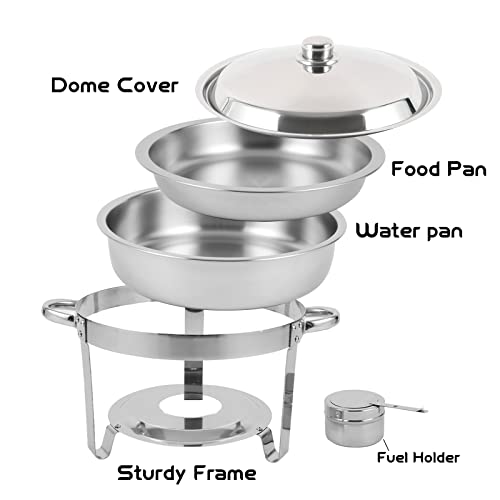 Restlrious 4 Packs Round Chafing Dishes Stainless Steel Chafers and Buffet Warmers Sets 5QT Large Capacity w/Water Pan, Food Pan, Fuel Holder and Lid for Catering Event Parties