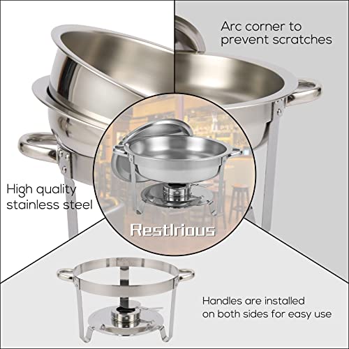 Restlrious 4 Packs Round Chafing Dishes Stainless Steel Chafers and Buffet Warmers Sets 5QT Large Capacity w/Water Pan, Food Pan, Fuel Holder and Lid for Catering Event Parties