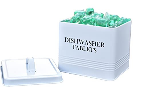 Metal Dishwasher Detergent Pods Containers -White Dish Washer Tablets with Lid for Kitchen Decor and Accessories