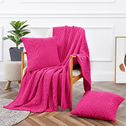 Aormenzy Knitted (50" x 60") and 2 Pillow Covers (18" x 18"), 3 Piece Hot Pink throw blanket Set, Decorative throw blankets for Couch Sofa Bed Living Room