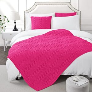 Aormenzy Knitted (50" x 60") and 2 Pillow Covers (18" x 18"), 3 Piece Hot Pink throw blanket Set, Decorative throw blankets for Couch Sofa Bed Living Room