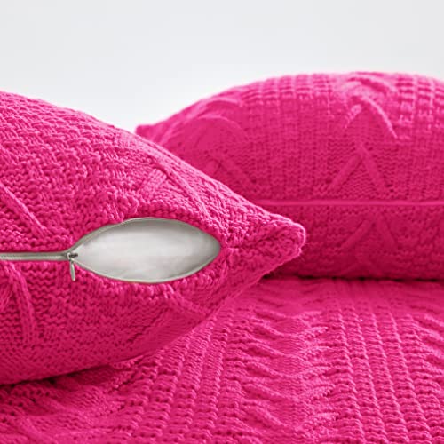 Aormenzy Knitted (50" x 60") and 2 Pillow Covers (18" x 18"), 3 Piece Hot Pink throw blanket Set, Decorative throw blankets for Couch Sofa Bed Living Room