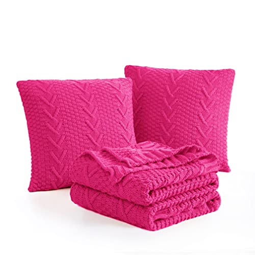 Aormenzy Knitted (50" x 60") and 2 Pillow Covers (18" x 18"), 3 Piece Hot Pink throw blanket Set, Decorative throw blankets for Couch Sofa Bed Living Room