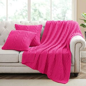 Aormenzy Knitted (50" x 60") and 2 Pillow Covers (18" x 18"), 3 Piece Hot Pink throw blanket Set, Decorative throw blankets for Couch Sofa Bed Living Room