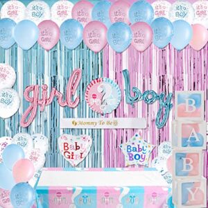 white baby box kit - gender reveal decorations,gender reveal party supplies,gender reveal balloons box,metallic fringe curtains,boy girl foil balloons,pink and blue balloons