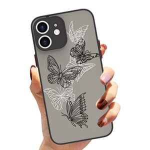 LSL Compatible iPhone 12 Black and White Butterfly Case, Translucent Matte Soft TPU Bumper Case Cute Black and White Butterfly Print Pattern Design Hard PC Back Clear Case 6.1 Inch