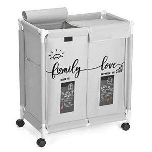 laundry sorter cart with lid, 110l 2 sections oxford cloth laundry hamper on wheels, laundry basket for family dorm room clothing throws toys (22.6*13.6*26.6in)