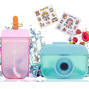 2 pieces kawaii water bottles with straw and strap, cute plastic camera ice cream popsicle cartoon water bottle leakproof water cups juice drinking bottle for school girls summer outdoor