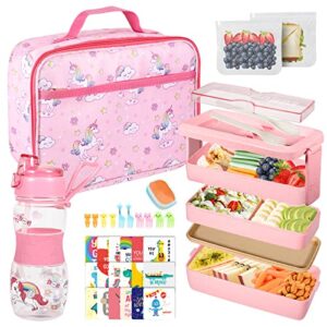 unicorn kids girls bento box with lunch accessories & bag, lunchbox set with food picks, water bottle & dressing containers, kawaii pink japanese salad snack bento box for toddler to school(pink)