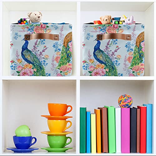 Large Storage Basket Peacock Tropical Animal Cube Storage Bin Canvas Fabric Organizer Handles Collapsible Decorative Bedroom