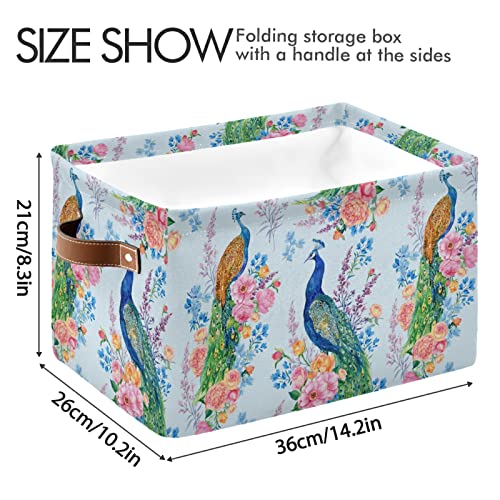 Large Storage Basket Peacock Tropical Animal Cube Storage Bin Canvas Fabric Organizer Handles Collapsible Decorative Bedroom