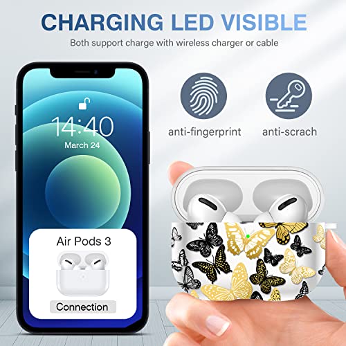 Youskin Airpods Pro Case Cute Airpods Pro Case Cover Clear Soft TPU Flexible Apple Airpods Pro Charging Case with Keychain for Women Girls，Golden Butterfly