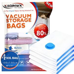 vacuum storage bags 4 pack (xxl), 40"x51" compression storage bags with double-zip seal and triple seal valve, 80% more space saver bags for clothes, blankets, pillows-warranty 2 years