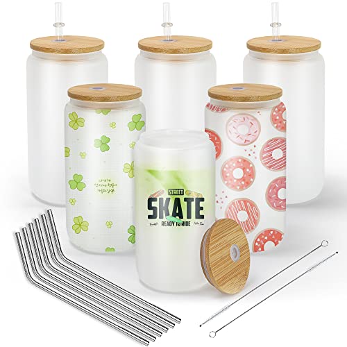 AGH 6Pack 16OZ Sublimation Glass Blanks with Bamboo Lid, Frosted Sublimation Cups Beer Can Glass, Borosilicate Glasses Tumbler Mason Jar Cups Mug with Plastic Straw for Iced Coffee, Juice, Drinks