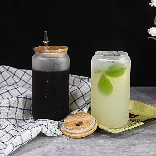 AGH 6Pack 16OZ Sublimation Glass Blanks with Bamboo Lid, Frosted Sublimation Cups Beer Can Glass, Borosilicate Glasses Tumbler Mason Jar Cups Mug with Plastic Straw for Iced Coffee, Juice, Drinks