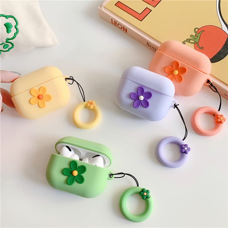 Ownest Compatible for AirPods Case Cute Cartoon Flower Pattern Girls Woman Soft Silicone Shockproof Keychain Design Cover for Airpods Pro-Purple