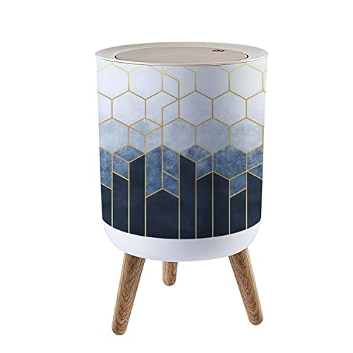 Small Trash Can with Lid Geometric abstraction of hexagons on a blue relief with gold elements Waste Bin with Wood Legs Press Cover Wastebasket Round Garbage Bin for Kitchen Bathroom Bedroom Office