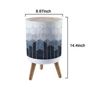 Small Trash Can with Lid Geometric abstraction of hexagons on a blue relief with gold elements Waste Bin with Wood Legs Press Cover Wastebasket Round Garbage Bin for Kitchen Bathroom Bedroom Office