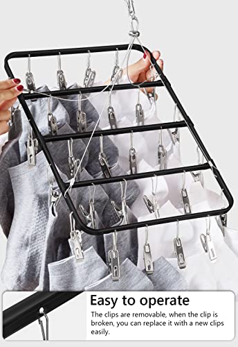 TOWOOZ Clothes Drying Rack with Clips, Stainless Steel Durable Clip and Drip Hanger Windproof Clothes Hanger Rack for Socks/Bras/Underwear/Towels, Portable Laundry Drying Rack (28 Clips, Black)