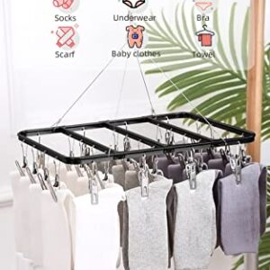 TOWOOZ Clothes Drying Rack with Clips, Stainless Steel Durable Clip and Drip Hanger Windproof Clothes Hanger Rack for Socks/Bras/Underwear/Towels, Portable Laundry Drying Rack (28 Clips, Black)