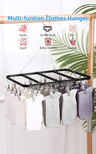 TOWOOZ Clothes Drying Rack with Clips, Stainless Steel Durable Clip and Drip Hanger Windproof Clothes Hanger Rack for Socks/Bras/Underwear/Towels, Portable Laundry Drying Rack (28 Clips, Black)