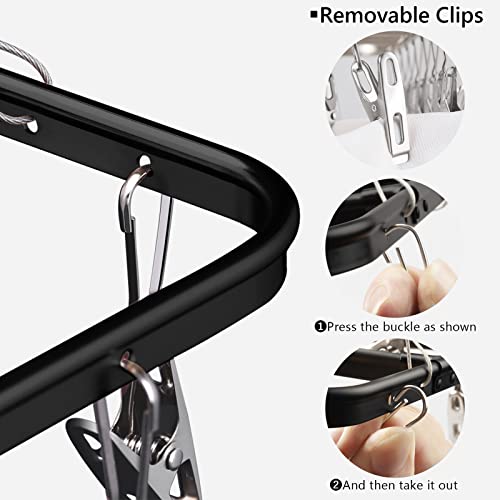 TOWOOZ Clothes Drying Rack with Clips, Stainless Steel Durable Clip and Drip Hanger Windproof Clothes Hanger Rack for Socks/Bras/Underwear/Towels, Portable Laundry Drying Rack (28 Clips, Black)