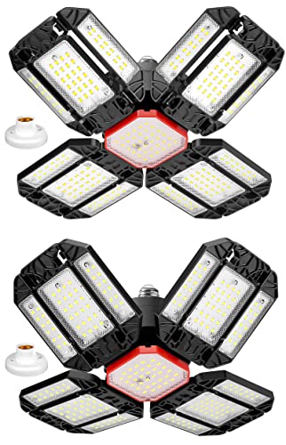 MAKDAK LED Garage Lights 2 Pack,LED Shop Light Deformable Garage Ceiling Lights with 12+1 Adjustable Multi-Position Panels,E26 6500K 18000LM Eqv 180W led Lights for Garage/Basement/Shop/Workshop