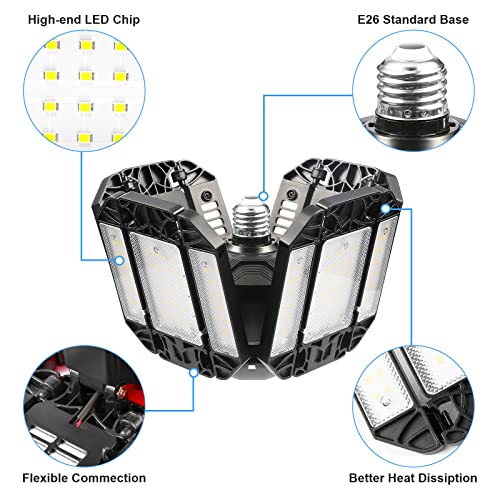 MAKDAK LED Garage Lights 2 Pack,LED Shop Light Deformable Garage Ceiling Lights with 12+1 Adjustable Multi-Position Panels,E26 6500K 18000LM Eqv 180W led Lights for Garage/Basement/Shop/Workshop