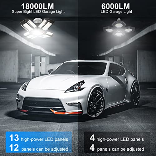 MAKDAK LED Garage Lights 2 Pack,LED Shop Light Deformable Garage Ceiling Lights with 12+1 Adjustable Multi-Position Panels,E26 6500K 18000LM Eqv 180W led Lights for Garage/Basement/Shop/Workshop