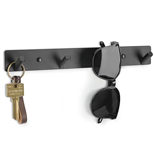 Lwenki Key Holder for Wall, Key Rack with 4 Key Hooks to Hang Keyrings, Dog Leash, Umbrella, Sunglasses – Key Hanger with Mounting Hardware for Glass, Tile and Wood (10.9” x 1.4” x 1.0”) (Black)