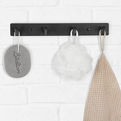 Lwenki Key Holder for Wall, Key Rack with 4 Key Hooks to Hang Keyrings, Dog Leash, Umbrella, Sunglasses – Key Hanger with Mounting Hardware for Glass, Tile and Wood (10.9” x 1.4” x 1.0”) (Black)