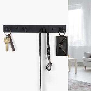 Lwenki Key Holder for Wall, Key Rack with 4 Key Hooks to Hang Keyrings, Dog Leash, Umbrella, Sunglasses – Key Hanger with Mounting Hardware for Glass, Tile and Wood (10.9” x 1.4” x 1.0”) (Black)