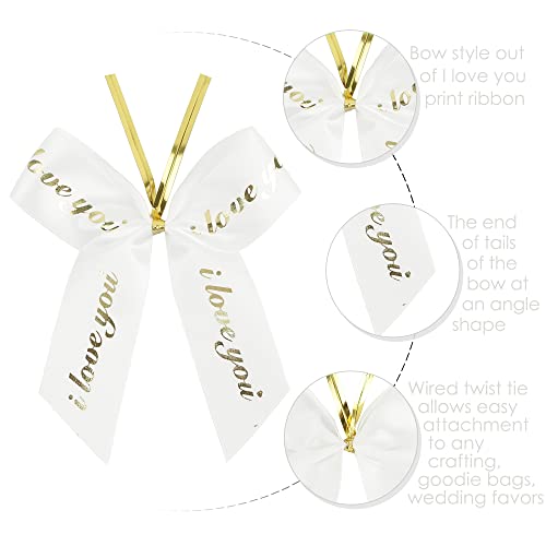 AIMUDI White Bows with Twist Tie for Wedding Favors White and Gold Bows I Love You Ribbon Bows for Gift Wrapping Premade Bows for Treat Bags Candy Apple Valentine's Day Bridal Shower -50 Counts