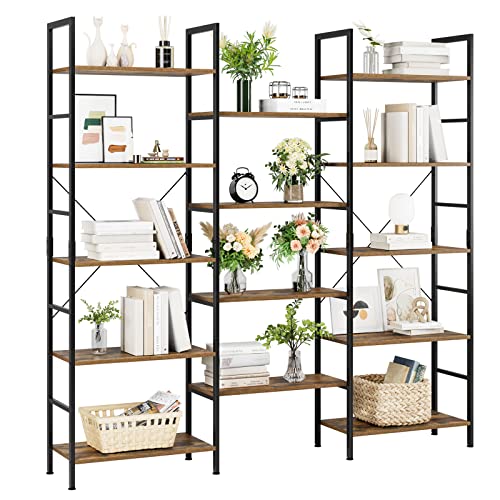 finetones Triple Wide 5-Tier Bookshelf, Large Industrial Bookcase with Metal Frame, 68.5 x 11.8 x 68.1 in, Tall Open Storage and Display Rack for Home Office, Rustic Brown