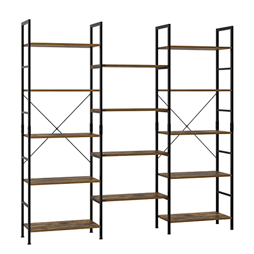 finetones Triple Wide 5-Tier Bookshelf, Large Industrial Bookcase with Metal Frame, 68.5 x 11.8 x 68.1 in, Tall Open Storage and Display Rack for Home Office, Rustic Brown