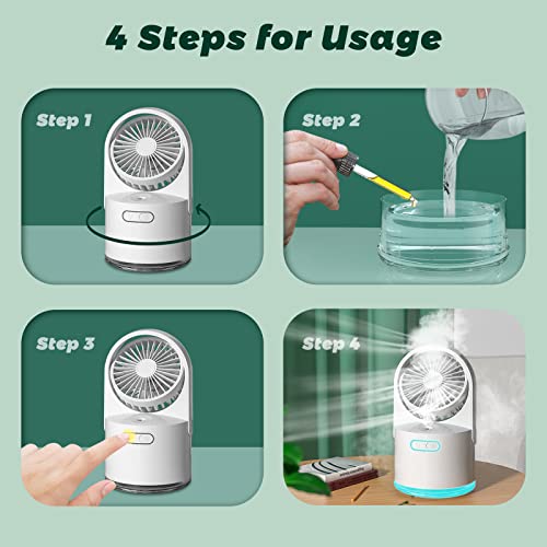 Desk Misting Fan Portable Table Fan with 300ML Large Water Tank and 7 Colorful Nightlights, Personal Fan with 3 Speed Strong Wind USB Rechargeable Cooling Mister Fan for Home, Office, Outdoor