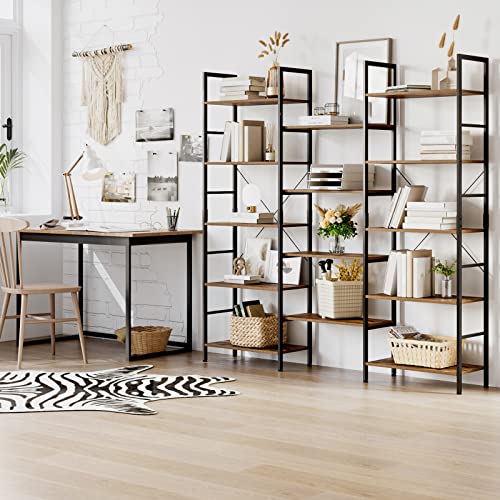 finetones Triple Wide 5-Tier Bookshelf, Large Industrial Bookcase with Metal Frame, 68.5 x 11.8 x 68.1 in, Tall Open Storage and Display Rack for Home Office, Rustic Brown