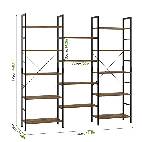 finetones Triple Wide 5-Tier Bookshelf, Large Industrial Bookcase with Metal Frame, 68.5 x 11.8 x 68.1 in, Tall Open Storage and Display Rack for Home Office, Rustic Brown